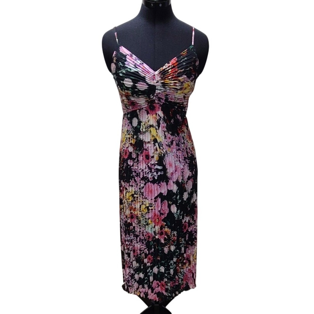 Steve Madden Ray Dress Black Multi Floral‎ Pleated Plisse Maxi XS NEW